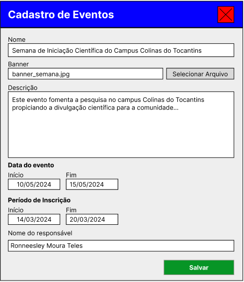 Protótipo do cadastro de eventos